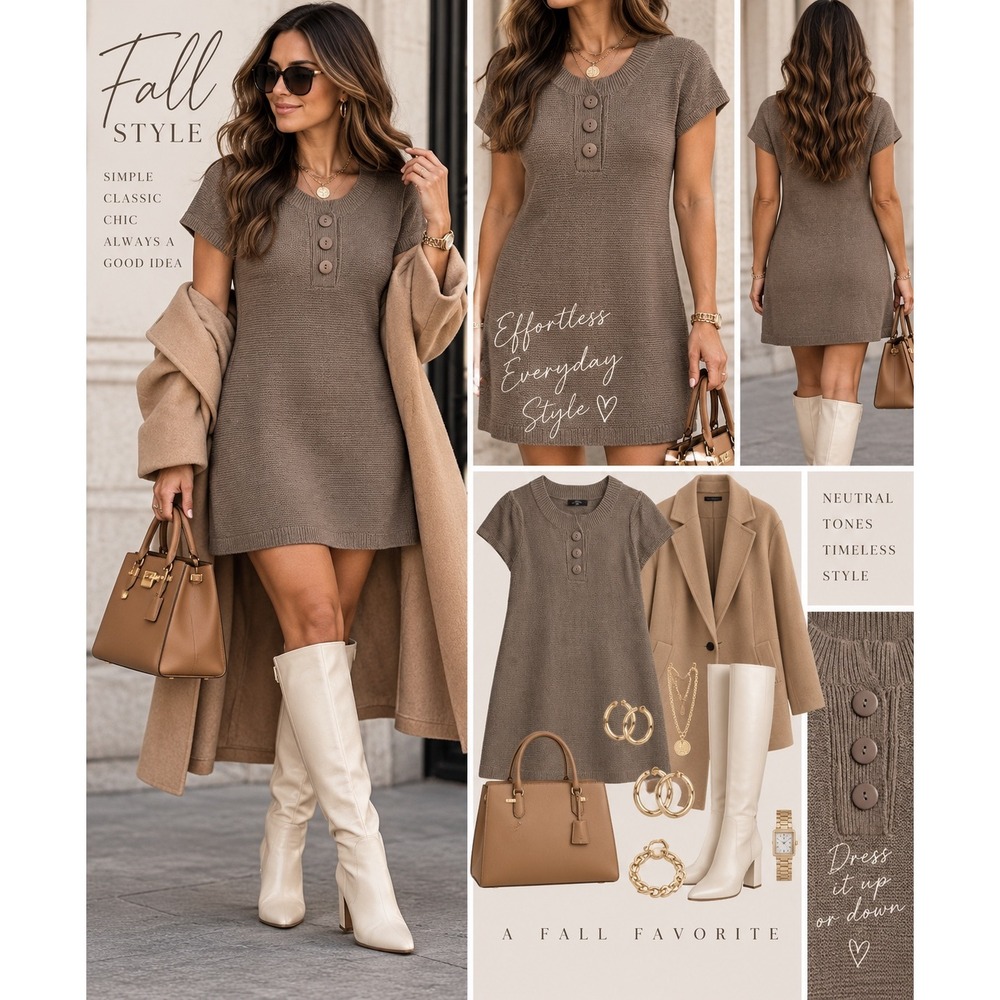 Mossimo Womens Taupe Brown Henley Sweater Dress Short Sleeve Knit Mini Size M